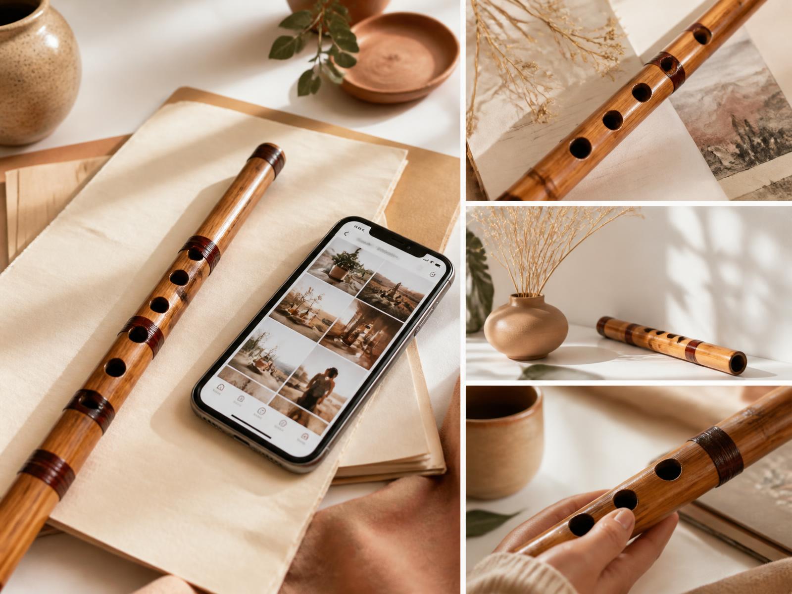 Bamboo flute beside a phone showing a creator's social feed